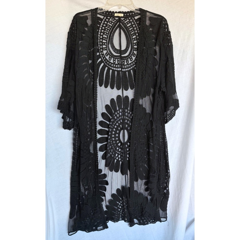 Jodifl Kimono Cardigan Festival Romantic Black Lace Mesh Sheer Boho Longline S/M